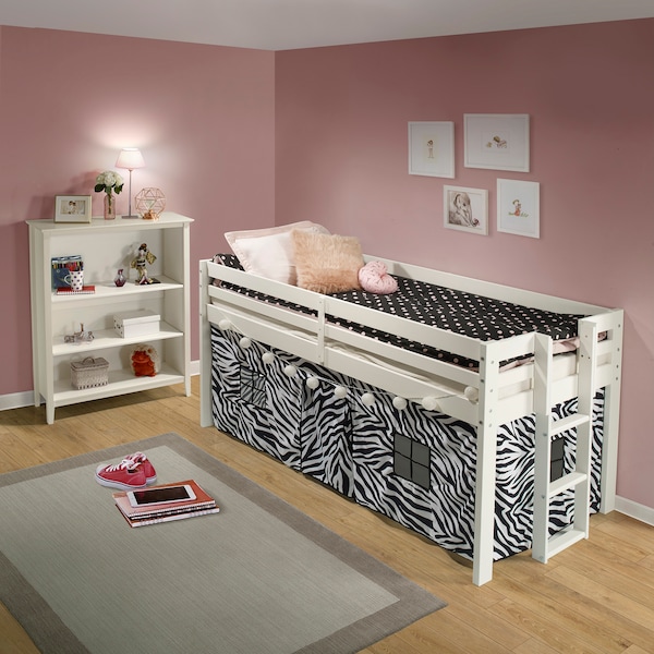 Jasper Twin Junior Loft Bed, White Frame And Black/White Zebra Print Bottom Playhouse Tent